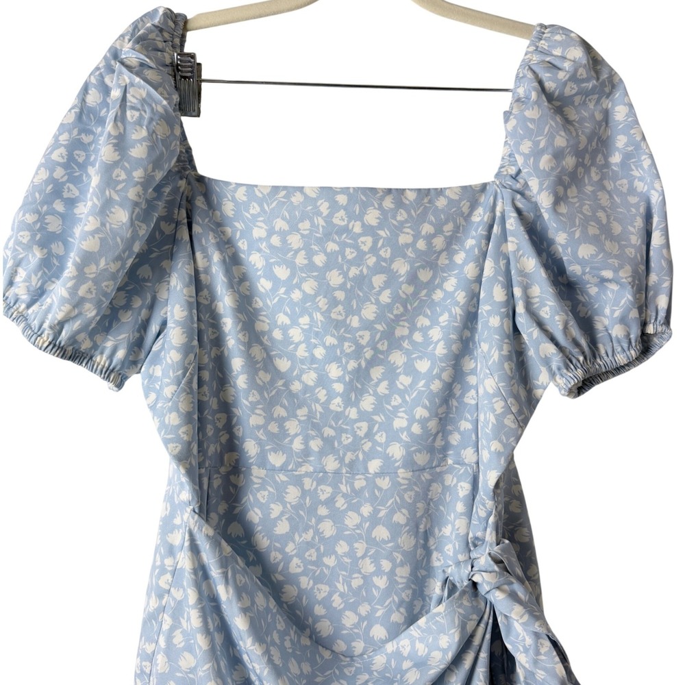 The Frolic Mini Wrap Dress Woven Women's 12 Blue‎ Floral Puff Sleeve Boho Chic